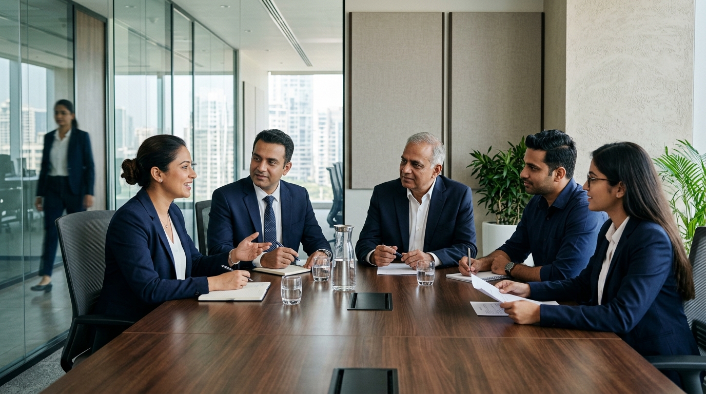 Indian professionals in a corporate meeting room discussing career guidance.