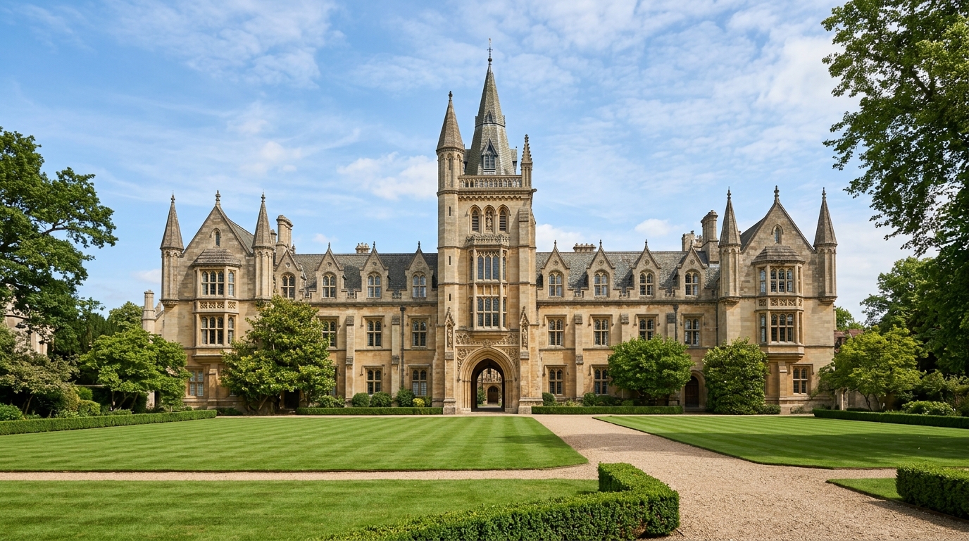 Classic British university campus building with manicured lawns under a clear blue sky.