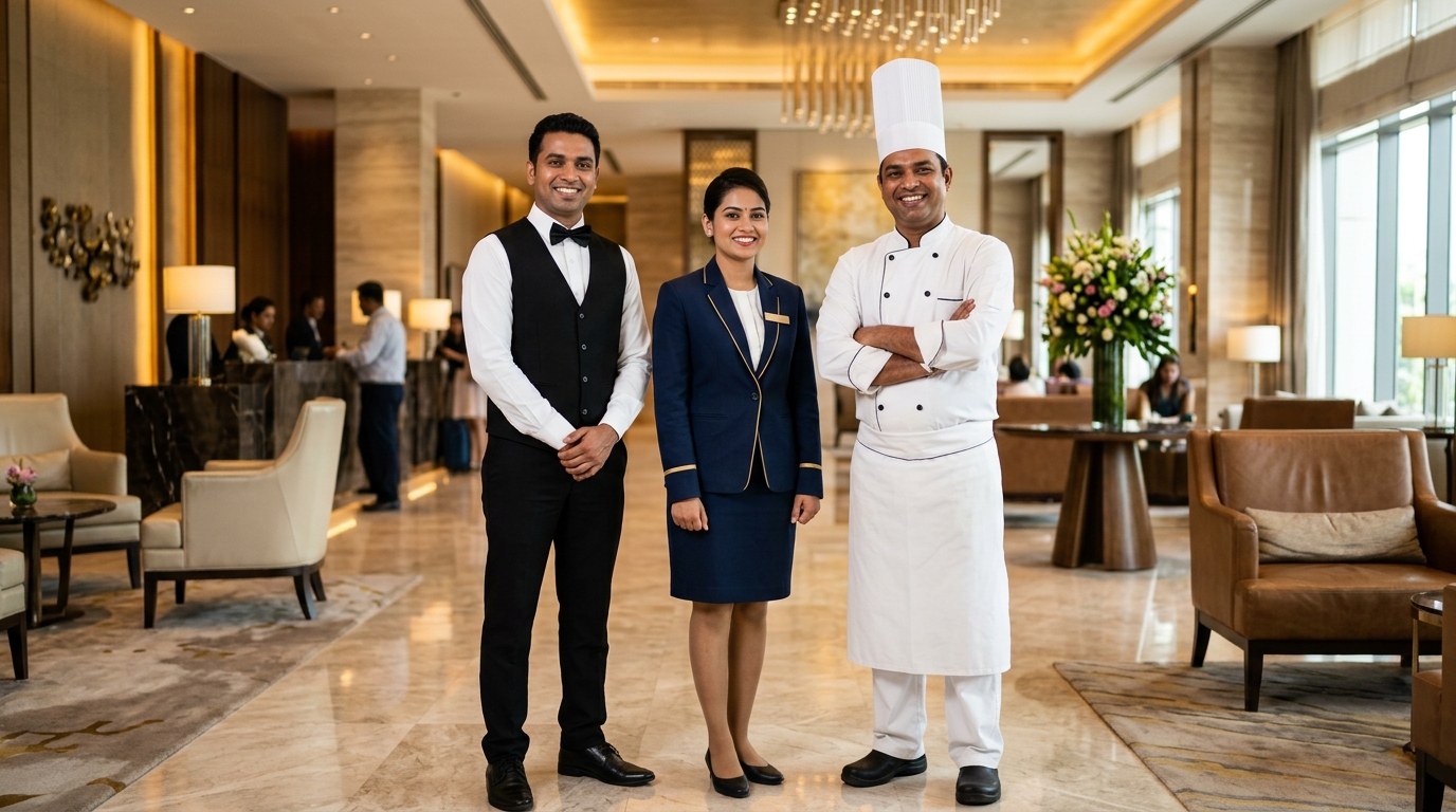 Indian hospitality professionals â€” waiter, hotel staff and chef â€” in a luxury hotel lobby.